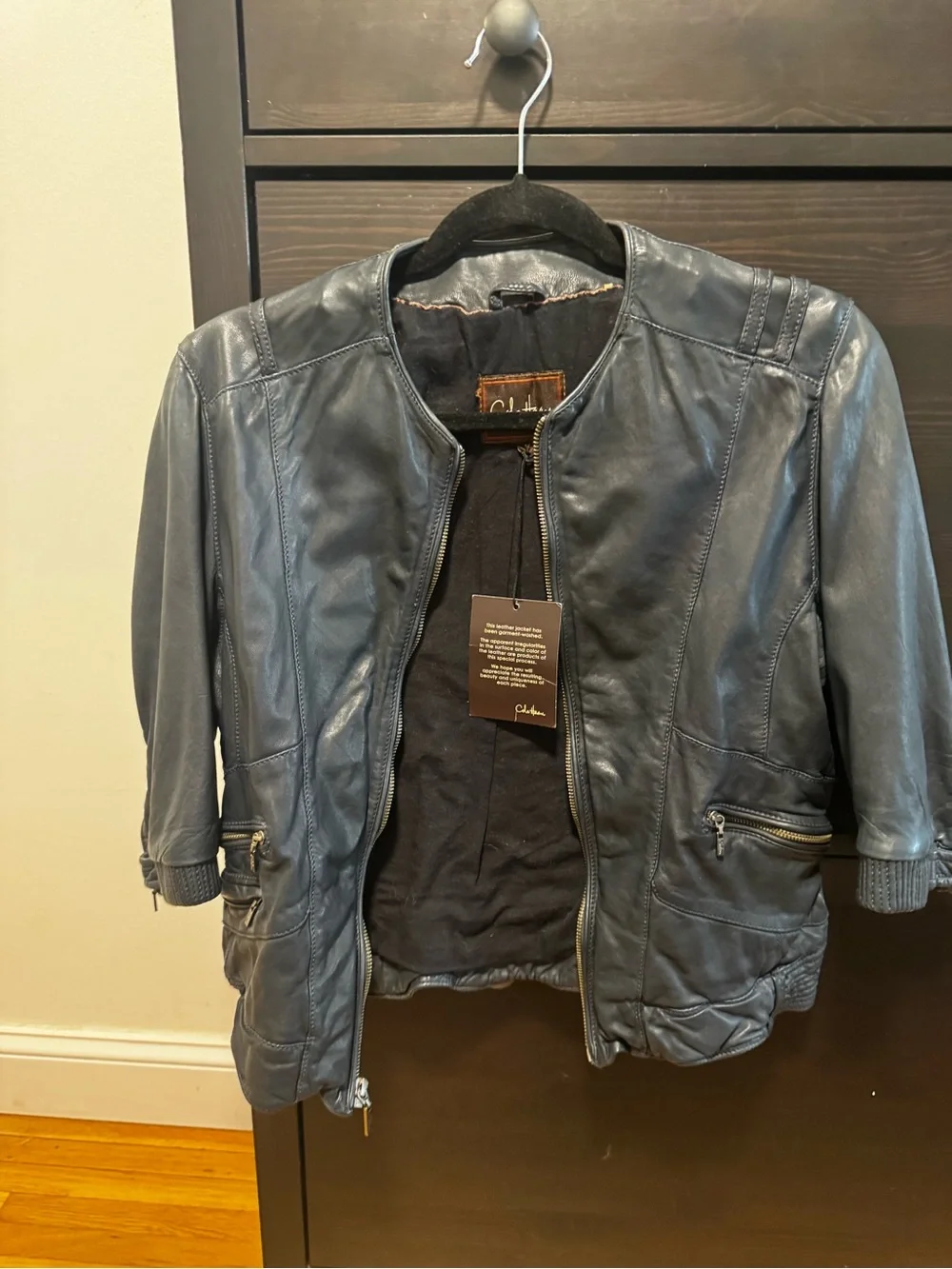 Cole Haan Women's Dark Navy Leather Bomber Jacket M (fits lik true S) NEVER WORN